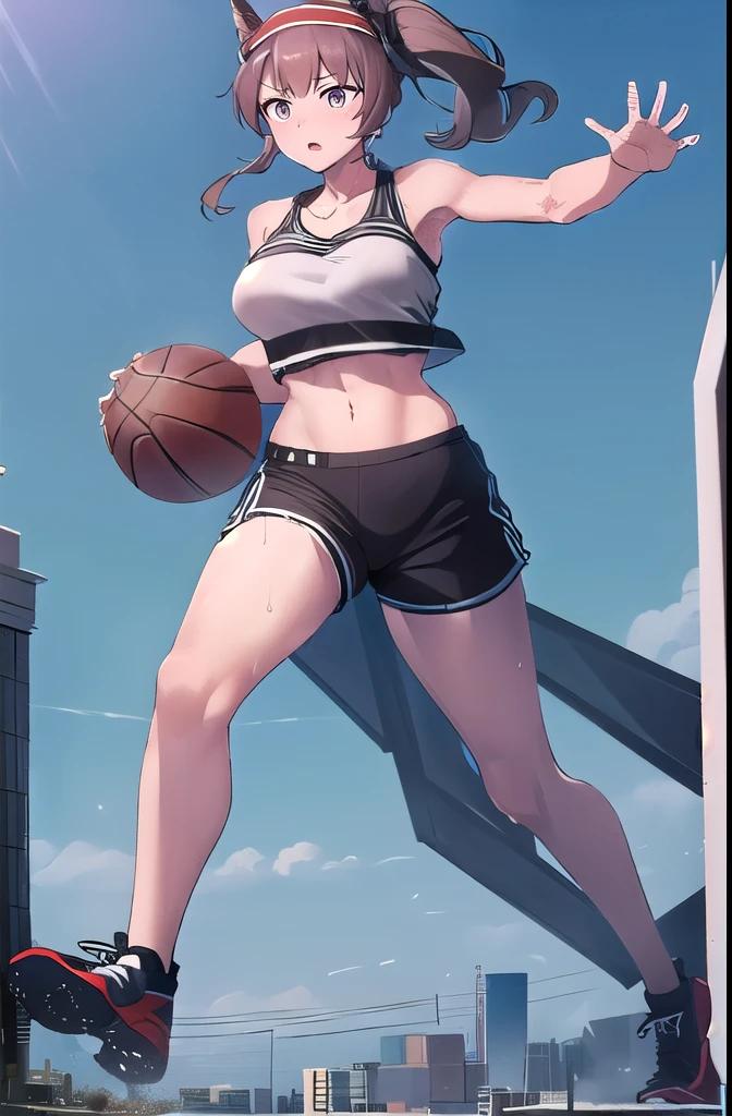 (huge breast), Pleasure, Long legs, Sweat,angelina_arknights,A woman seen from the side,Dressed Woman,Urban Background,fullbody,sportswear,giantess,Running woman,Cleavage,Underarm,navel,basketball,A woman bigger than the city,Smoke from shoes,bluesky