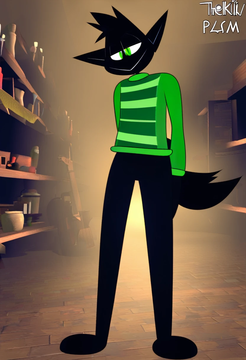 all black feline guy, cartoonish, 3d animation, green eyes, lime slitted pupils, walking around basement, Pixar animation, dim lighting, spherical head, long thin tail, thin, skinny, tall, pointy triangle ears, 3d shapes body, green sweater, extremely pitch black fur, seven feet tall, wolf-like, fluff fur, fox- like ears and snout, vivziepop style    ((((by inkplasm, by thekilinah:1.12)))                                                         