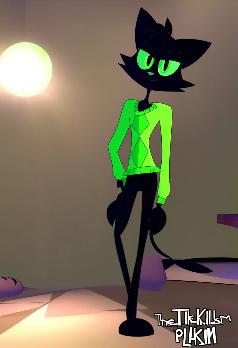all black feline guy, cartoonish, 3d animation, green eyes, lime slitted pupils, walking around basement, Pixar animation, dim lighting, spherical head, long thin tail, thin, skinny, tall, pointy triangle ears, 3d shapes body, green sweater, extremely pitch black fur, seven feet tall, wolf-like, fluff fur, fox- like ears and snout, vivziepop style ((((by inkplasm, by thekilinah:1.12)))