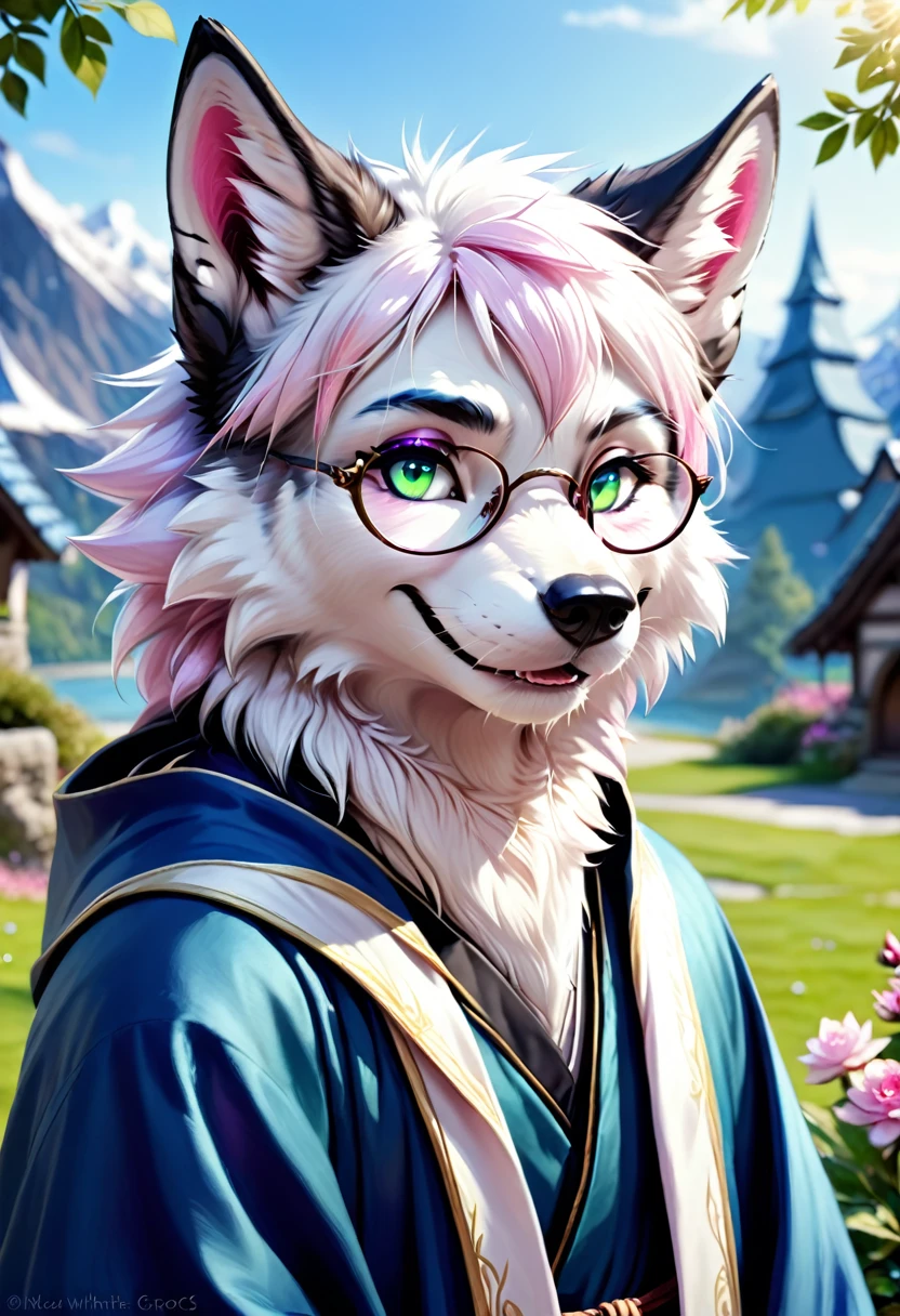 (masterpiece:1.4),(best quality:1.4),((Detailed facial features)),Wolf，male，Mage Clothing，robe，Blue and white fur，Glasses，Orcs，Orcs脸，delicate and pretty，Wolf脸，cute，Young，Introvert，精灵Wolf，Facial details，happy，Smile，Pink white ears，Light blue bangs，Dark blue outer ear，Pink and white inside of the ear，Young，Blue-green pupils，White face，Dark blue eyeliner