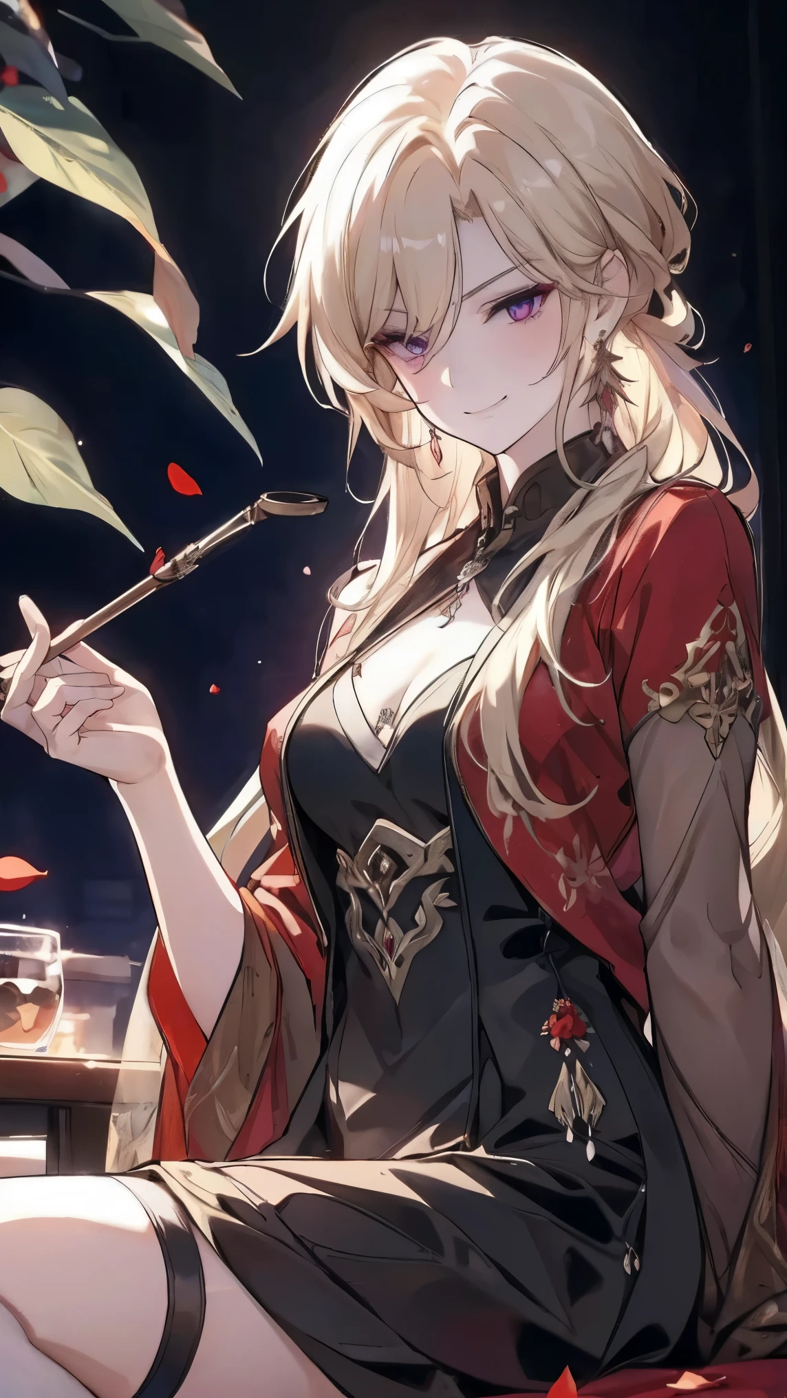 (extremely detailed 8K wallpaper),(ultra-detailed),(best quality),(masterpiece),(highly detailed),(cinematic lighting),(Original),Cold ligh，magenta eyes ,ink style，, smoking pipe, kiseru, holding a long smoking pipe, long sandy blonde hair，((Beautiful adult woman))，black dress with stockings，((slight smirk face))，（black socks）, adult woman, beautiful earrings, falling red petals
