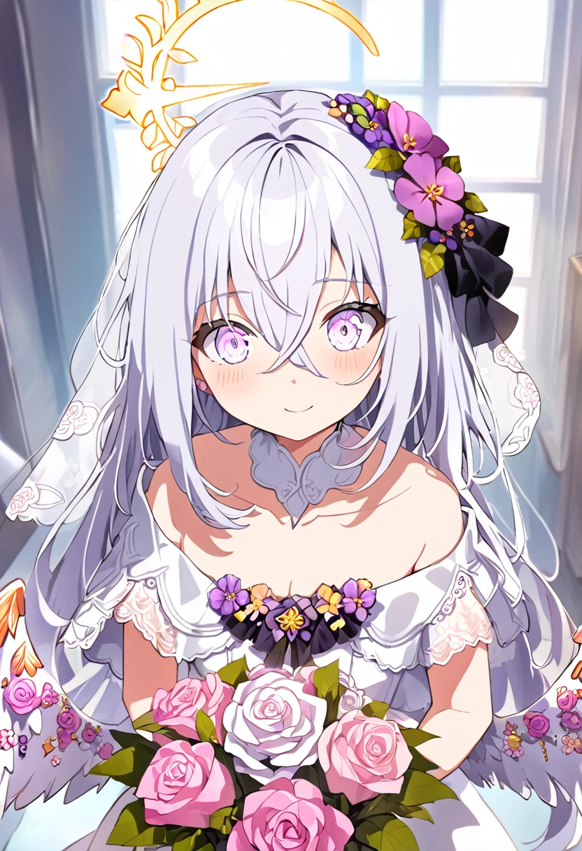 azusa \(blue archive\),1girl 1other alternate_costume angel_wings bare_shoulders blush bouquet breasts bridal_veil bride cleavage closed_mouth collarbone dress feathered_wings flower hair_between_eyes halo holding holding_bouquet jewelry long_hair looking_at_viewer medium_breasts necklace out_of_frame pink_flower pink_rose pov pov_hands purple_eyes rose solo_focus strapless strapless_dress veil very_long_hair wedding_dress white_dress white_flower white_hair white_rose white_wings wings small_breasts smile close_eyes