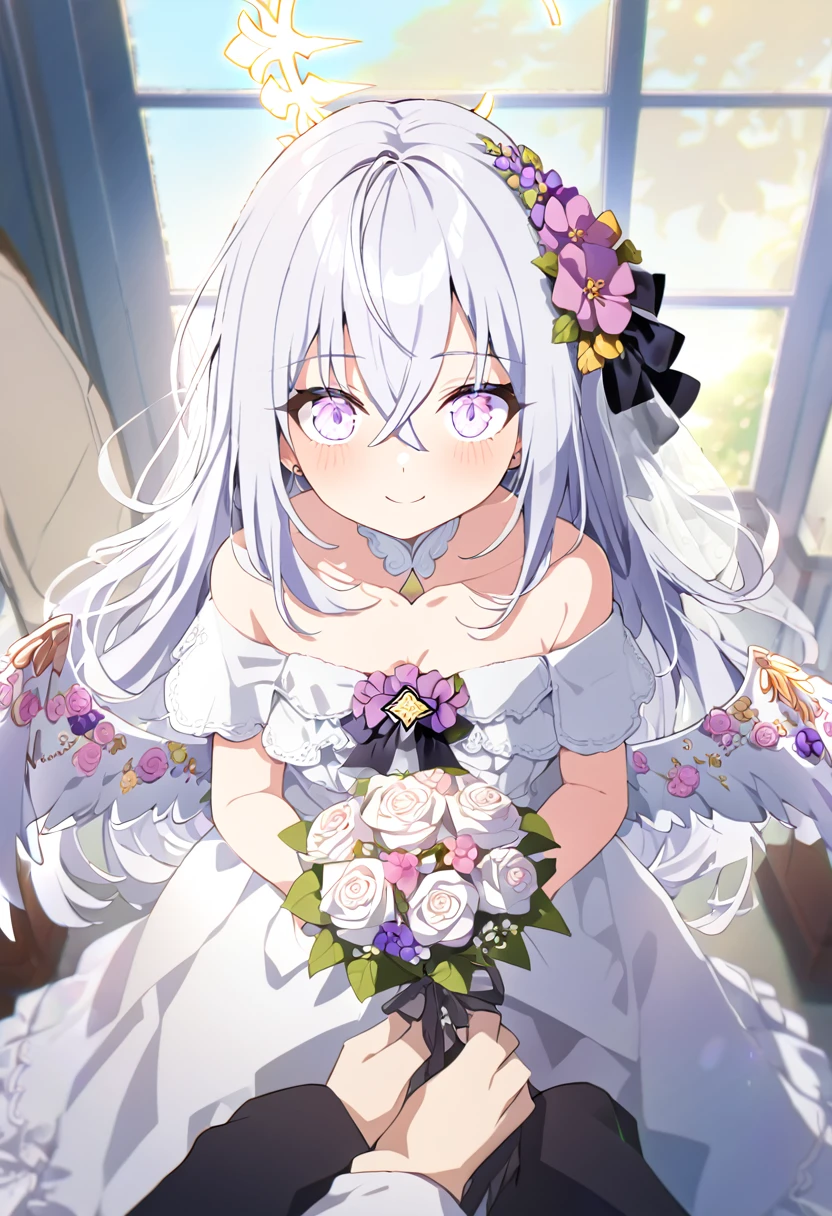 azusa \(blue archive\),1girl 1other alternate_costume angel_wings bare_shoulders blush bouquet breasts bridal_veil bride cleavage closed_mouth collarbone dress feathered_wings flower hair_between_eyes halo holding holding_bouquet jewelry long_hair looking_at_viewer medium_breasts necklace out_of_frame pink_flower pink_rose pov pov_hands purple_eyes rose solo_focus strapless strapless_dress veil very_long_hair wedding_dress white_dress white_flower white_hair white_rose white_wings wings small_breasts smile close_eyes
