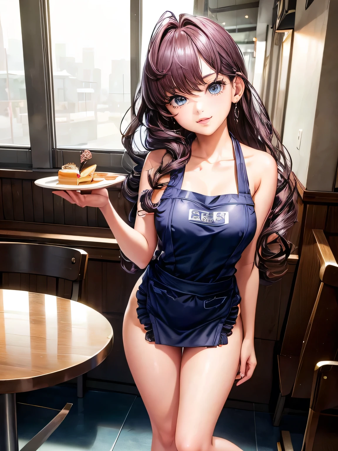 1girl, 18yo, idol, shiny skin, photo of a girl, waitress, wearing navy school one-piece swimsuit and wearing-over apron, low-legs, upper shot, perfect fingers, perfect hands, bare-legs, indoor, standing, serving pancakes on the tray, welcome, (cafe:1.2), customer service, smile,nsfw