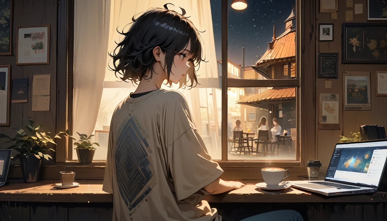 (((from behind))), ((8k of extremely detailed CG unit, Masterpiece, high resolution, highest quality, highest quality real texture skin)), (((indirect lighting))), (((Cafe with a calm atmosphere))), (((Big window with night sky))), ((Drinking coffee)), ((1 girl)), ((laptop)), (Japanese pattern Tシャツ, denim), (Black hair, messy hair, beige skin), (surreal, digital painting)