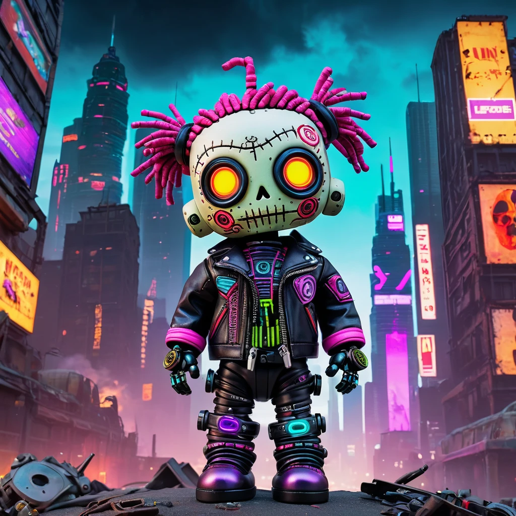 (knitted toy voodoo doll:1.7), (Voodoo Cyberpunk:1.3), (Clothing neon leather jacket with cybernetic implants, glowing glasses:1.4), (background post-apocalyptic cityscape with crumbling skyscrapers and sky filled with smog:1.4) best quality, masterpiece, detailed soft oil painting, detailed background, dramatic cinematic lighting, soft edge lighting, professional, dramatic lighting, hard edge lighting, ultra quality, 4k,masterpiece, best quality, 8k, ultra highres, highres, extremely detailed