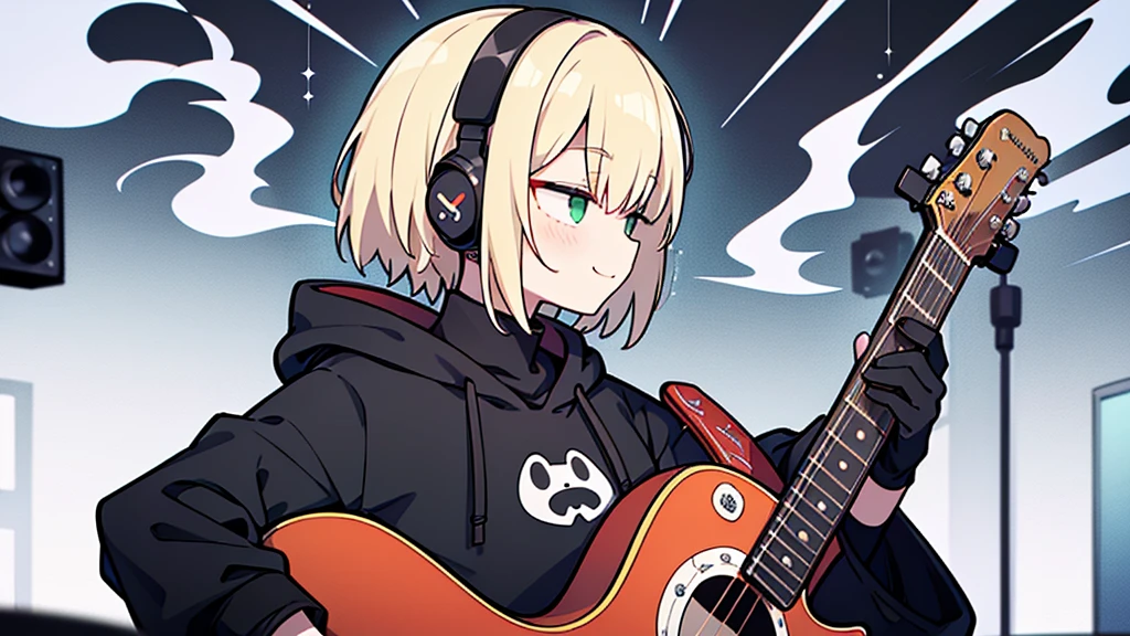 ((highest quality)), ((masterpiece)), (be familiar with), (Playing guitar in the studio)short hair、perfect face,white half-up hair,green mesh blonde、Smoke a cigarette、cool black hoodie,headphones,black gloves,turtleneck,alone,İcon、profile、Right beside、Expressionless、smile、Light-colored clothing