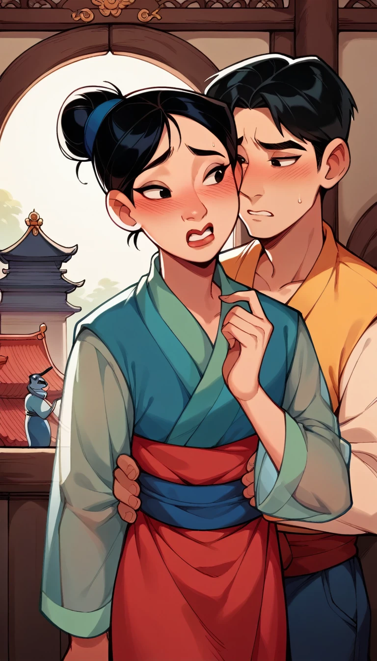 score_9, score_8_climb, score_7_climb, score_6_climb, MulanXLP, Single hair bun,blushing, Mesh series ,see through ,,sexually suggestive, Chinese Palace,disney, Dutch corner, 1 boy,