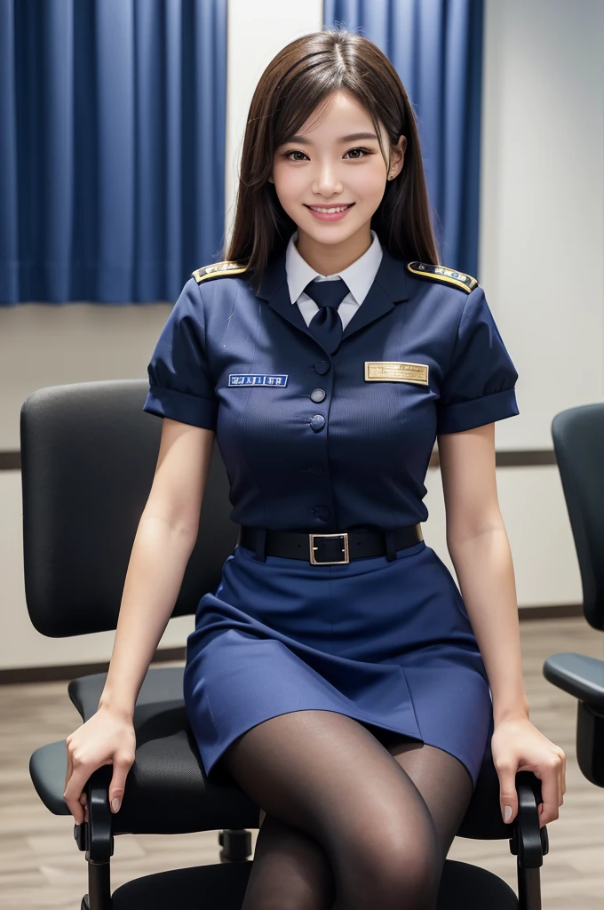 (Highest Resolution, clear_image) 、(Beautiful girl with golden ratio face)、wonderful, Tabletop, Attention to detail, Lip gloss、Very cute girl、 alone, Beautiful girl like a model、smile、Woman in uniform, Tight Skirt、Police uniform, board member, Wearing a uniform and sitting on a chair、conference room, Blue Uniform, Bobby、security guard、Black Pantyhose
