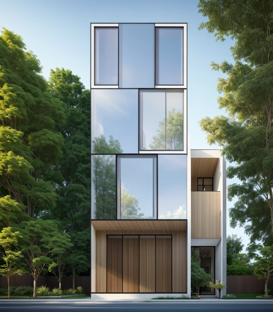 Modern townhouse, urban area, featured, residential area, city street, nearby trees, bright daylight, by James Gurney, realism, digital painting, architectural rendering, tones Neutral colors with vivid accents, Unreal Engine, 8k, super detailed, high resolution