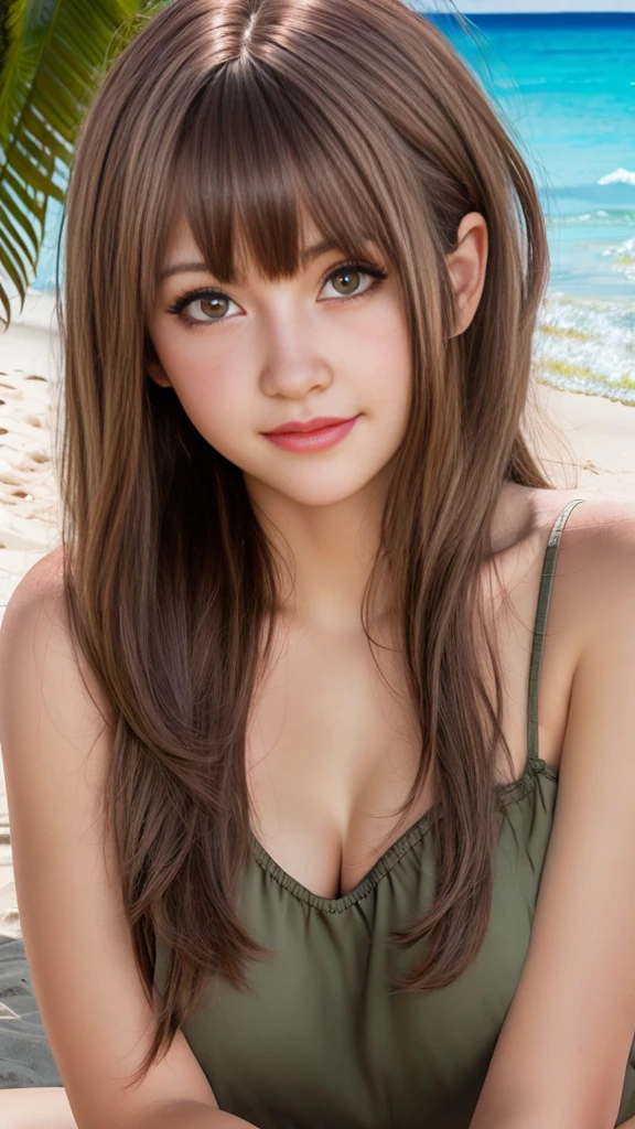 Tropical sandy beach、(8k RAW photos, Highest quality, masterpiece, 8k-UHD), (Realistic, photoRealistic: 1.37), (anatomically accurate and Realistic skin), Ultra-high resolution, Depth of written boundary, Cinema Lighting, Film Grain, Very cute 16 year old girl, Tips, Red eyes, Long eyelashes, Sagging under the eyes, Cute face, Highly detailed eyes and hair, Beautifully detailed skin, Smile, Brown Hair, Thick bangs, Shiny Hair, Ample breasts、Cute spring clothes