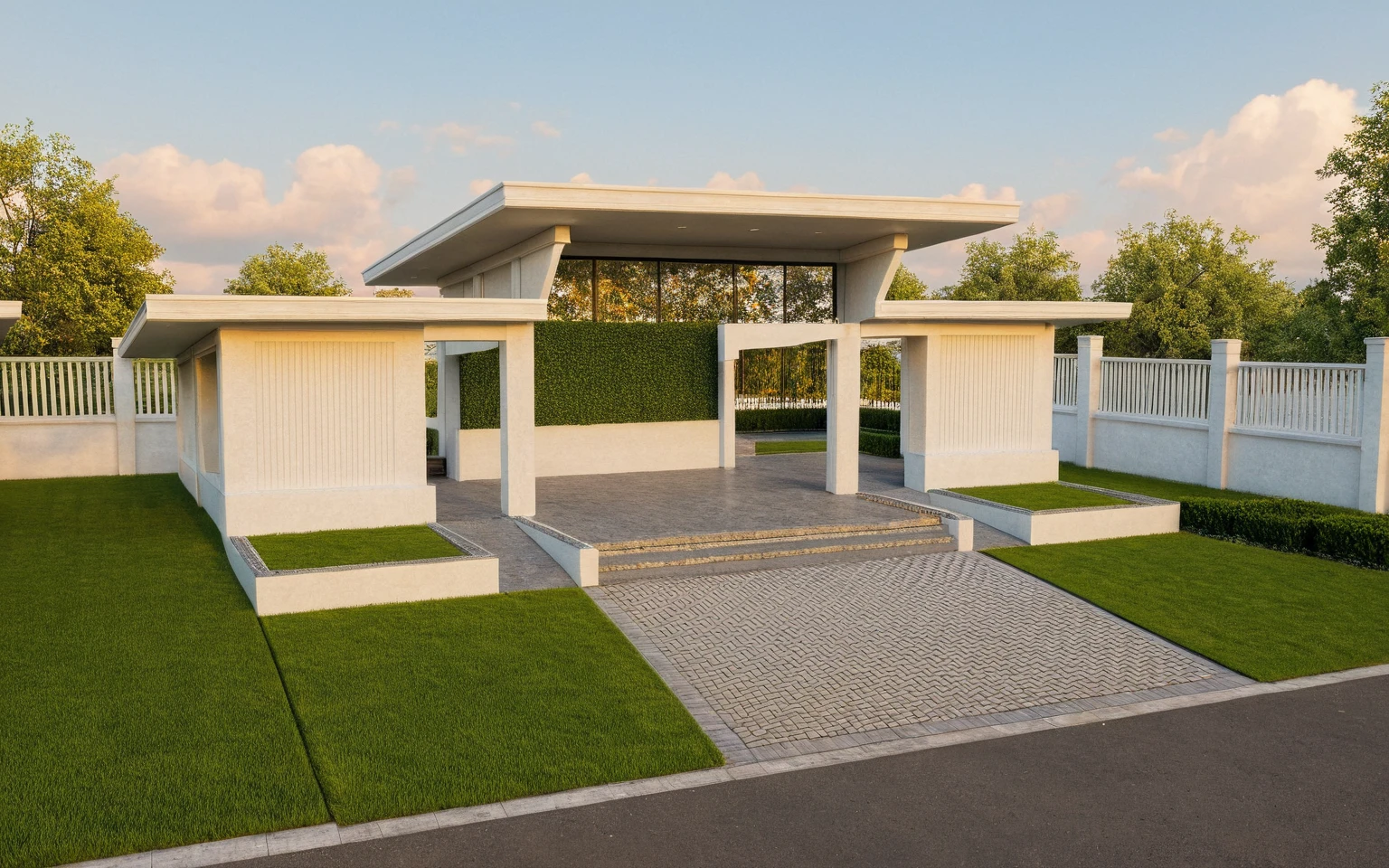 Masterpiece, high quality, best quality, authentic, super detail, outdoors, villa style neoclassic, bietthuhn, white wall, gate road, pavement, grass, trees, blue sky, sunset, cloud, (day:1.1), realistic lighting