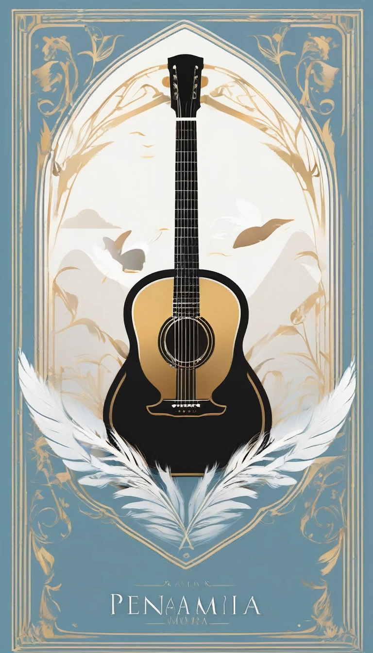 A minimal, modern, simple, cinematic logo design for the brand “Penamemoria". The logo design must be a simple, silhouette of a boy, standing up, playing acoustic guitar and fantasy feather by his side. The logo must convey a sense of music, stories, memories and dreams. Logo design impressed on a book cover. Minimalistic logo. Light blue, white and soft golden as colors for the logo design
