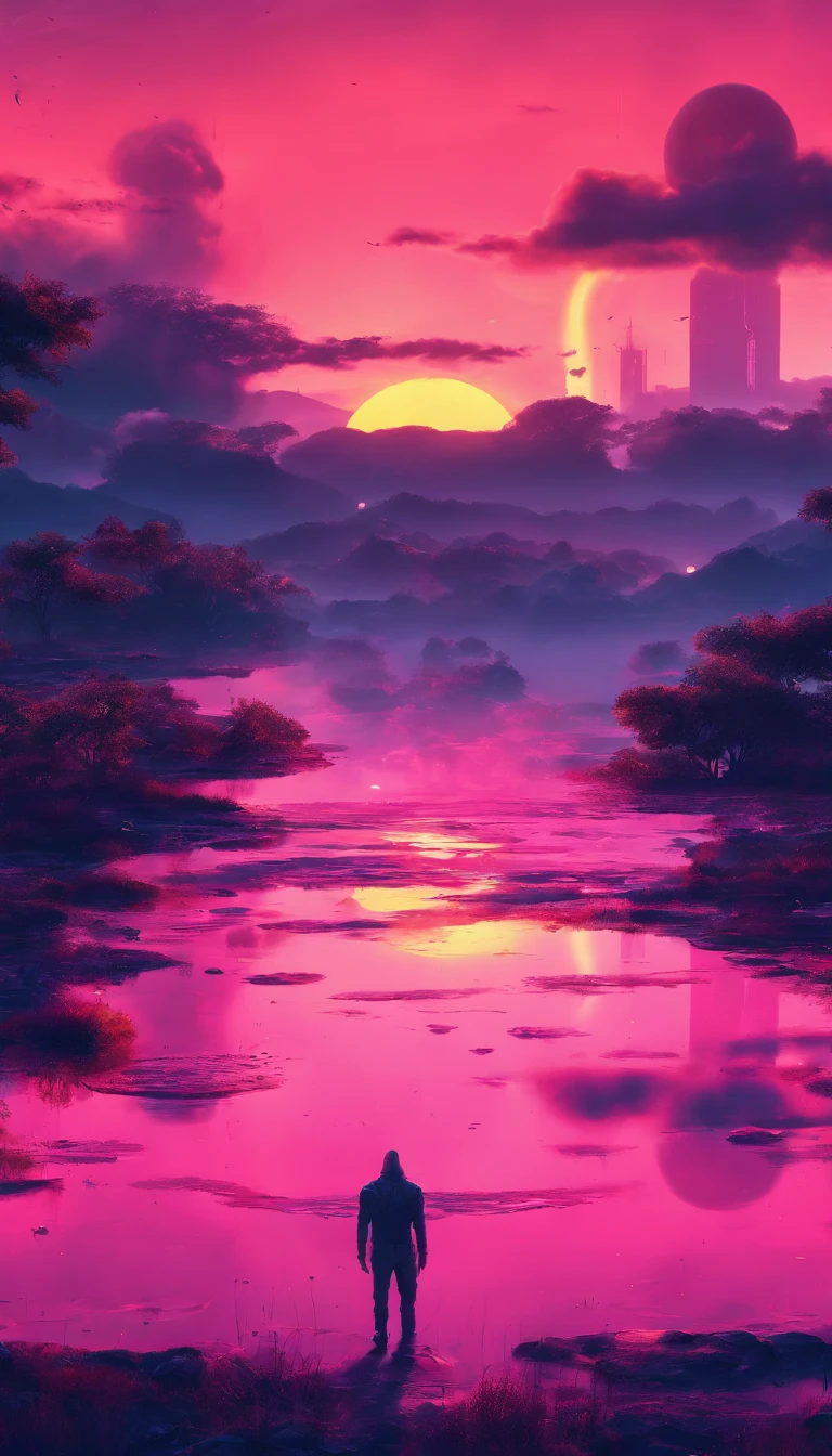 a serene sunrise landscape, sun rising over the horizon, glowing golden sky, wispy clouds, tranquil lake reflecting the sky, lush green hills in the distance, peaceful atmosphere, cinematic lighting, warm color tones, (best quality,4k,8k,highres,masterpiece:1.2),ultra-detailed,(realistic,photorealistic,photo-realistic:1.37),landscape,cinematic,dramatic lighting,warm colors,golden hour,scenic,idyllic