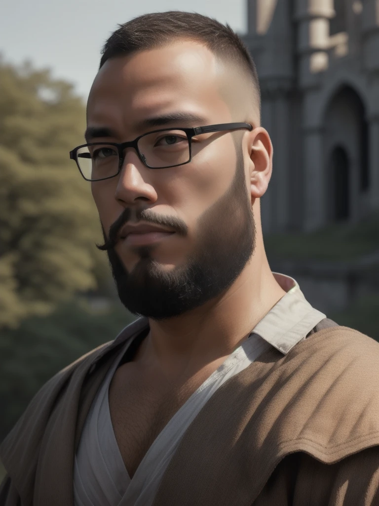 best quality, 500px, cgsociety, 8k, raw photo of (beautiful:1.2) human king, wear king crown, king armor, 40yo, beard, in castle, full body, ambient light, backlight, volumetric lighting, realistic, realistic lighting, cinematic lighting, depth of field, sharp focus, (high contrast:1.2), (film grain), An award-winning original photo，a handsome 38-year-old man, crew cut, (((full body))), (((landscape))), mature man, [slightly fat], asian man, brown eyes, rounded face, glasses, slightly balding, 1boy, Solo, (big shoulders), (((stubbles, Short beard))), (((full beard))), (Beautiful eyes:1.3), (Detailed face:1.3), 