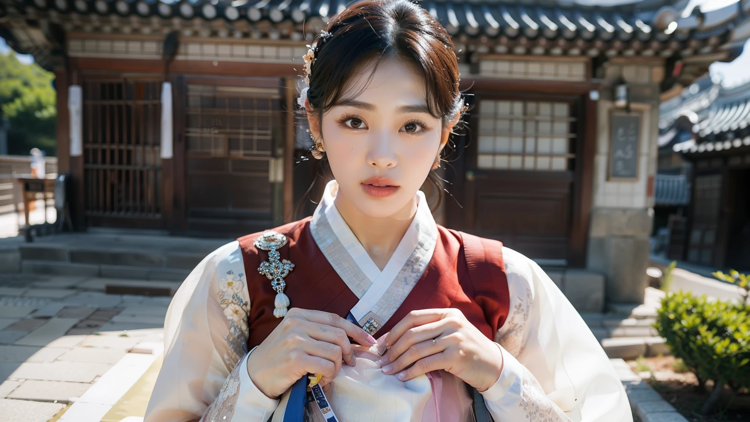 A beautiful Korean woman in a pink dress with a rainbow, traditional Korean hanbok, inspired by Korean artist Kim Jung-Hee, wearing a hanbok apron, inspired by Shin Saimdang and Shin Yun-bok, detailed face and features, realistic, photorealistic, (best quality,4k,8k,highres,masterpiece:1.2),ultra-detailed,(realistic,photorealistic,photo-realistic:1.37),HDR,UHD,studio lighting,ultra-fine painting,sharp focus,physically-based rendering,extreme detail description,professional,vivid colors,bokeh,digital art,traditional Korean art