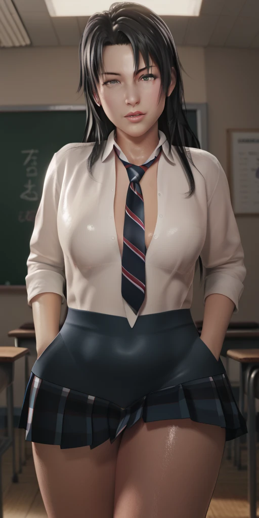 score_9, score_8_up, score_7_up, score_6_up, uncensored, BREAK,
yukinoshita yukino,
1girl, mature female, solo,
looking at viewer, naughty face,  half-closed eyes, head tilt,  parted lips, bimbo, 
black hair, long hair, thick lips, grey eyes,
shiny skin, small breasts, belly,
miniskirt, pleated skirt, skin tight, zettai ryouiki, classroom, spotlight, bokeh, hands on pocket, necktie, mature female, tall girl,