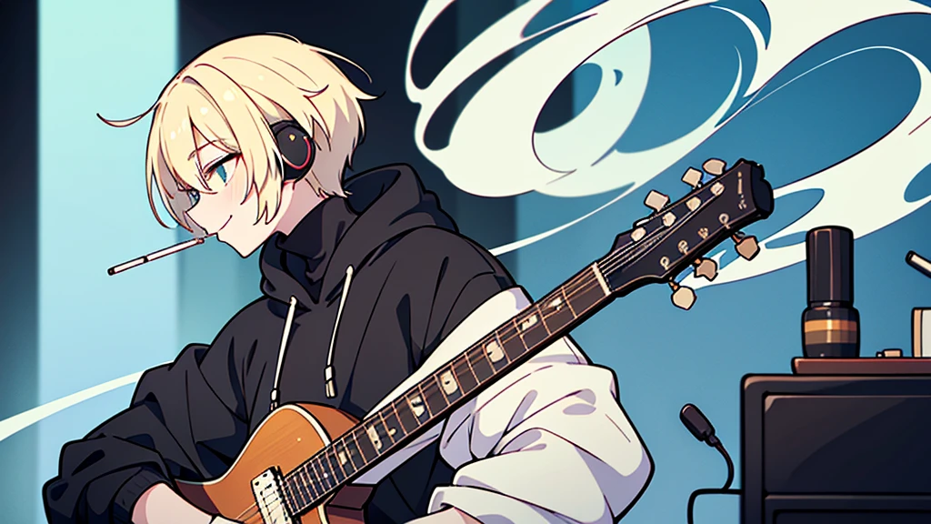 ((highest quality)), ((masterpiece)), (be familiar with), (Playing guitar in the studio)short hair、perfect face,white half-up hair,green mesh blonde、Smoke a cigarette、cool black hoodie,headphones,black gloves,turtleneck,alone,İcon、profile、Right beside、Expressionless、smile、Light-colored clothing