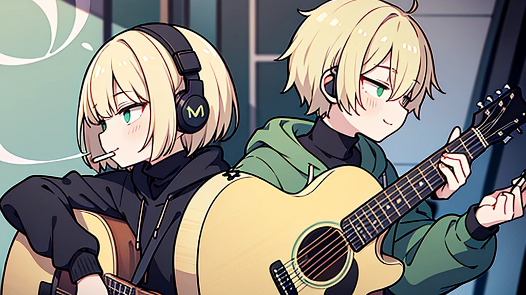 ((highest quality)), ((masterpiece)), (be familiar with), (Playing guitar in the studio)short hair、perfect face,white half-up hair,green mesh blonde、Smoke a cigarette、cool black hoodie,headphones,black gloves,turtleneck,alone,İcon、profile、Right beside、Expressionless、smile、Light-colored clothing