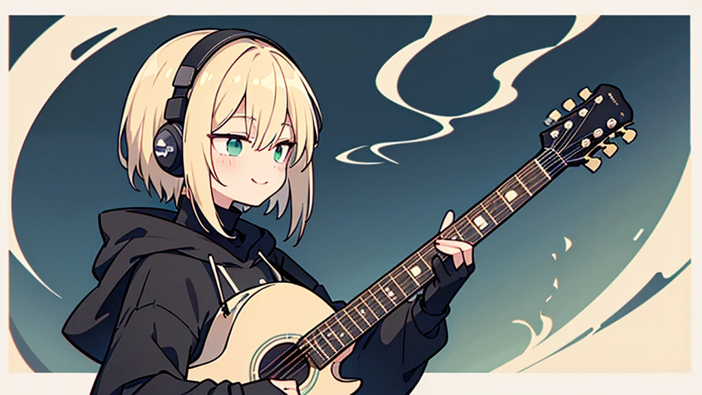 ((highest quality)), ((masterpiece)), (be familiar with), (Playing guitar in the studio)short hair、perfect face,white half-up hair,green mesh blonde、Smoke a cigarette、cool black hoodie,headphones,black gloves,turtleneck,alone,İcon、profile、Right beside、Expressionless、smile、Light-colored clothing