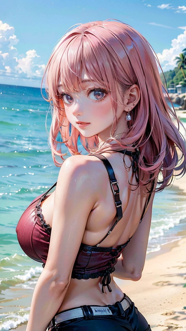 (Masterpiece, BestQuality:1.3), (ultra detailed:1.2), (hyperrealistic:1.3), (RAW photo:1.2), High detail RAW color photo, professional photograph, (Photorealistic:1.4), (realistic:1.4), professional lighting, perfect anatomy, (Big Breasts:1.2), (blush, detailed face), (A happy smile:1.7), Trending Hair&Trending Hairカラーをランダムに, earrings, necklace, bracelet, sexly, erotic sexly, Random sexy gravure poses, (A pink-haired woman wearing a back-laced top and shorts on the beach、Gazing into the distance。:1.3)