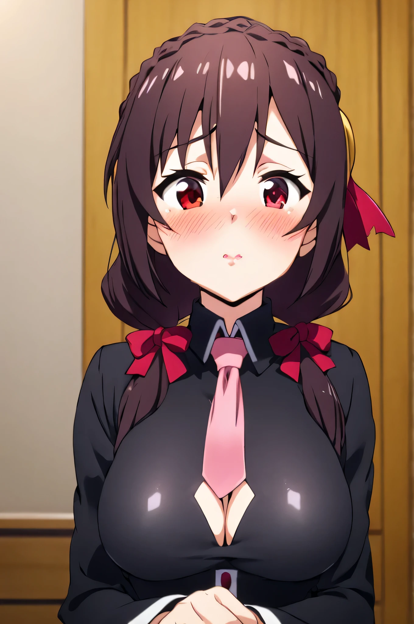 (masterpiece, Highest quality), One girl,    Yunyun,Long Hair,Braiding,Twin tails,Hair between the eyes,Red hair ribbon,hair ornaments,large round breasts,、Pink Skirt、Black Hair、Crown Blade,Black Shirt, Long sleeve,Pink tie, belt, Cleavage cutout、Above the upper body、(blush:1.*****ung face、indoor、(Kiss the viewer)、((Close your eyes))