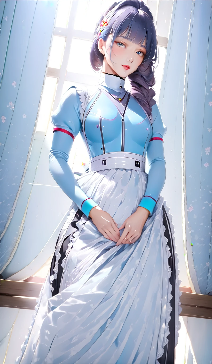 (masterpiece,Highest quality,Ultra-high resolution),Japanese women, (((Very beautiful 25 year old girl))), Light blue satin bodysuit、(Shiny light blue long sleeve maid dress)、High neck shirt、Long skirt