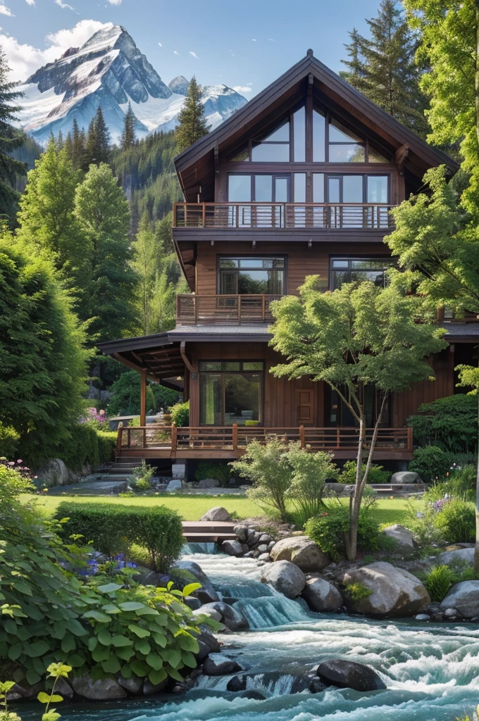 A house with garden, side are landscape, backside are glacier mountain and long trees, the house front side is a flowing river, the climate are sunny, this image are picturesque.