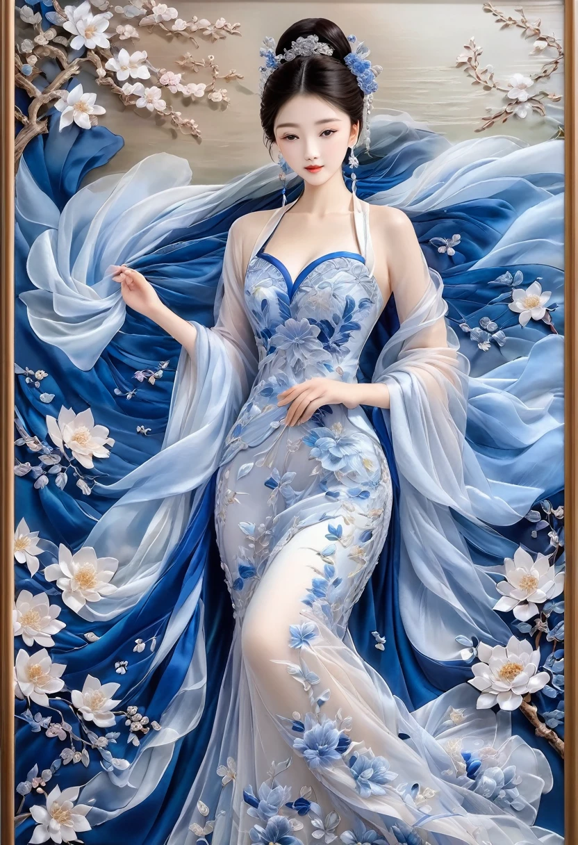 embroidery，Three-dimensional embroidery，(A picture of blue ornate Suzhou embroidery hangs on the wall）,blue-white petals, Silk material embroidery, Inspired by Yao Jianping’s dream of Su embroidery works，translucent，abundant cleavage,painting on silk, alcohol ink art