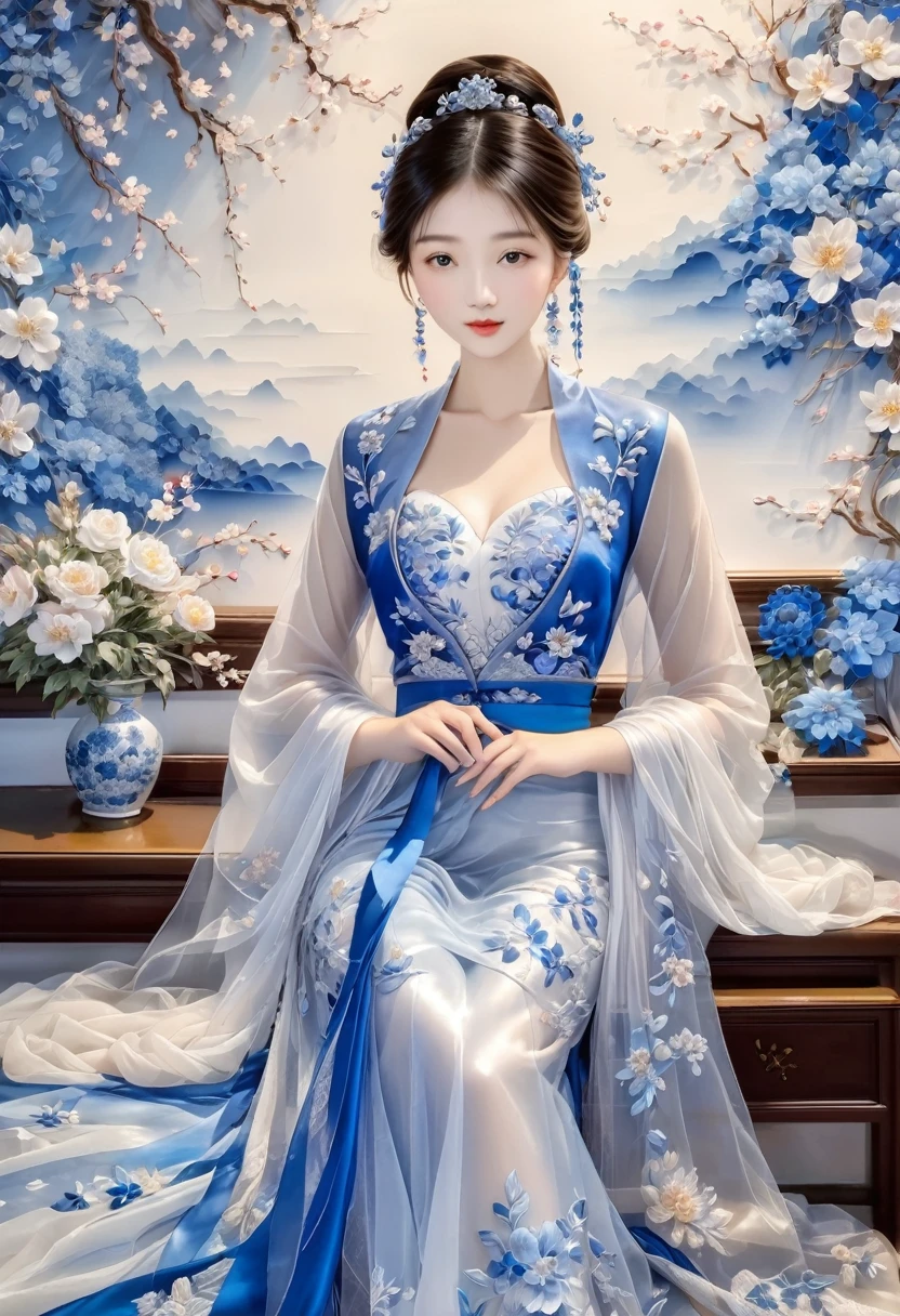 embroidery，Three-dimensional embroidery，(A picture of blue ornate Suzhou embroidery hangs on the wall）,blue-white petals, Silk material embroidery, Inspired by Yao Jianping’s dream of Su embroidery works，translucent，abundant cleavage,painting on silk, alcohol ink art