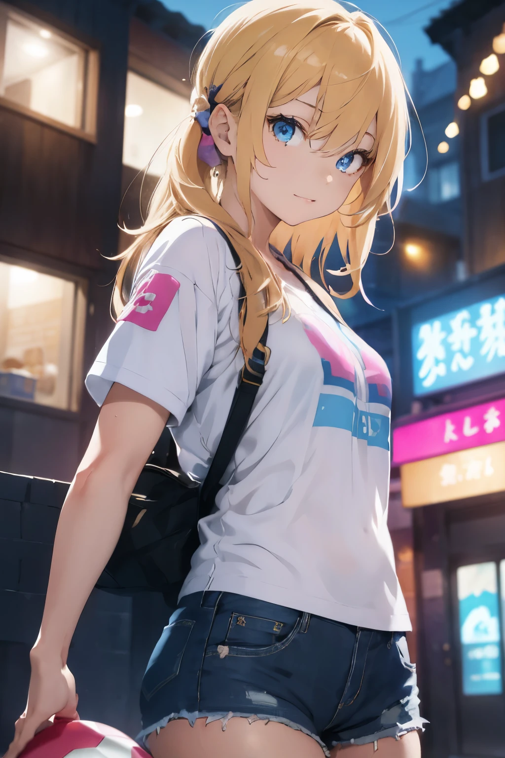 teenage woman ,gold hair, blue eye ,wearing a pink  football shirt without number.  Half body image, colored lights, sexy,look back