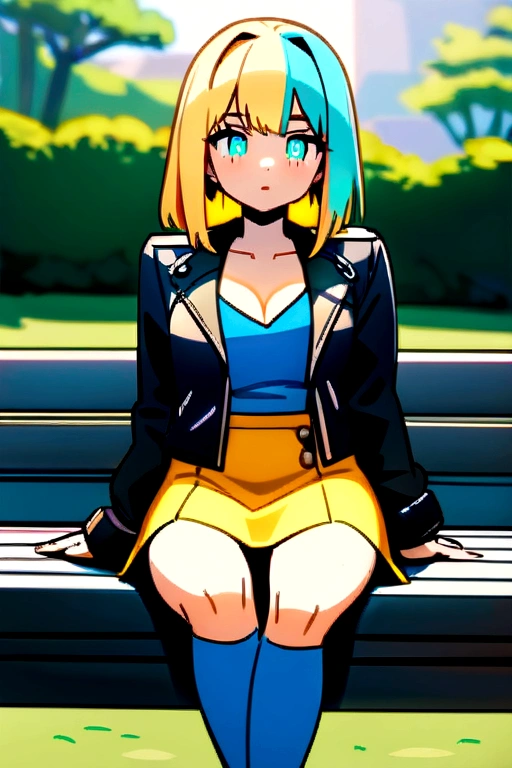 ((Best quality)), ((very detailed)), masterpiece, (detailed eyes, deep eyes), (1 girl), upper body, Sunsetman, (multicolored hair, (two tone hair:1.1), red and blonde hair), BREAK, sea green eyes, Open cropped leather jacket, black jacket, clavicle, blue shirt, blue knee socks, Yellow very short skirt, boots, outside, in the park, yellow panties 