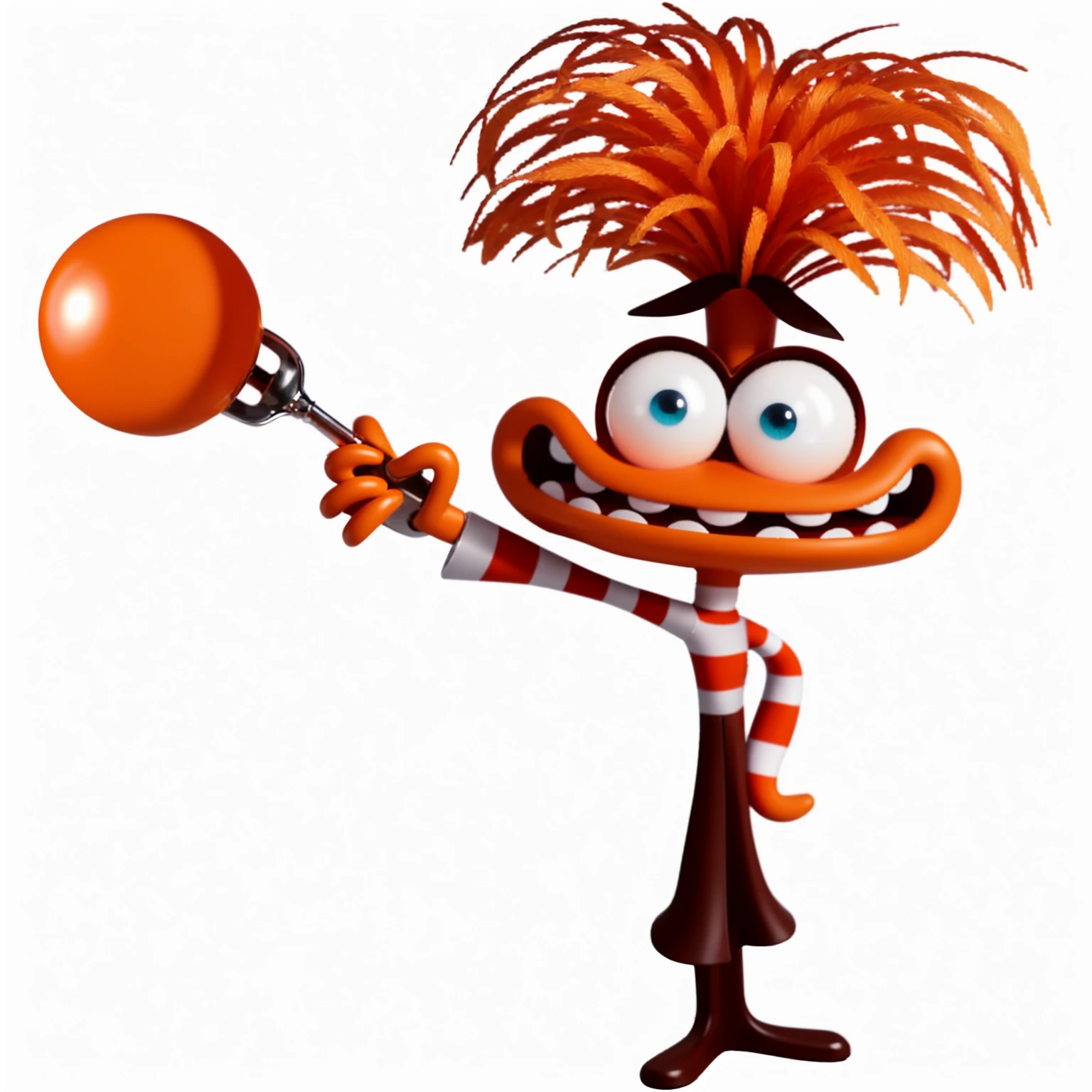 ORANGE CHARACTER. WEARING A STRIPED VEST AND BROWN PANTS. HOLDING A FILE WITH AN ORANGE BALL. glossy texture, smooth 3d model, multiple light sources, rim light, sharp post effects render, (glossy plastic texture with multiple big light probe refractions), perfect cgi, smooth silhouette, high intensity refraction, (super glossy material), most beautiful vfx, blue background, plastic refractions, realistic, 4k, high resolution, rim light, photo shoot, commercial photo, profile shot, 4k, rim light, high resolution, 4k, glossy texture, smooth 3d model, multiple light sources, rim light, sharp post effects render, (glossy metallic texture with multiple big light probe refractions), perfect cgi, cgi art created only with gradients, smooth silhouette, high intensity refraction, (super glossy chrome material), most beautiful vfx, blue background, chrome metal refractions, multiple light sources, rim light, sharp post effects render, perfect cgi, digital art, detailed digital art, reflective, best quality, 4k, masterpiece:1.2, ultra-detailed, realistic, vivid colors, dark and moody lighting, The image of the highest quality, ensuring every detail showcased perfectly. It in 4k resolution, allowing viewers to immerse themselves in the richness of the colors and intricate details. The realistic rendering. under the spotlight, reflecting, high-resolution image, realistic rendering, dark background, and rim light photorealistic