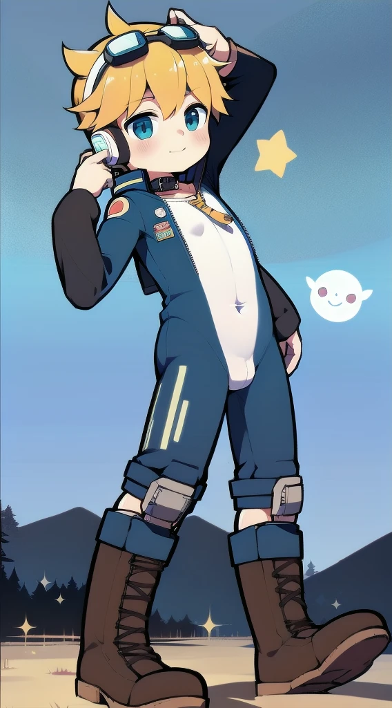 2D Boy Shota,One-piece mountaineering suit,Slim, healthy body,Put the headphones on your head,stand up,goggles,Rabbit ears,happy,Sailor collar,tie,Zipper pulled down,boots