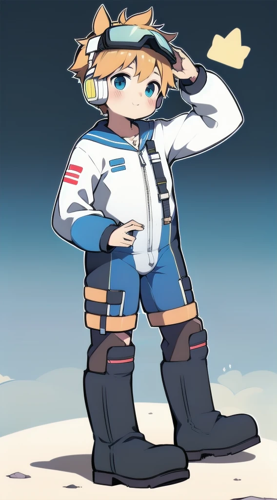 2D Boy Shota,One-piece mountaineering suit,Slim, healthy body,Put the headphones on your head,stand up,goggles,Rabbit ears,happy,Sailor collar,tie,Zipper pulled down,boots