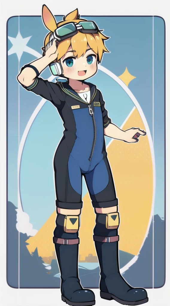 2D Boy Shota，One-piece mountaineering suit，Slim, healthy body，Put the headphones on your head，stand up，goggles，Rabbit ears，happy，Sailor collar，tie，Zipper pulled down，boots