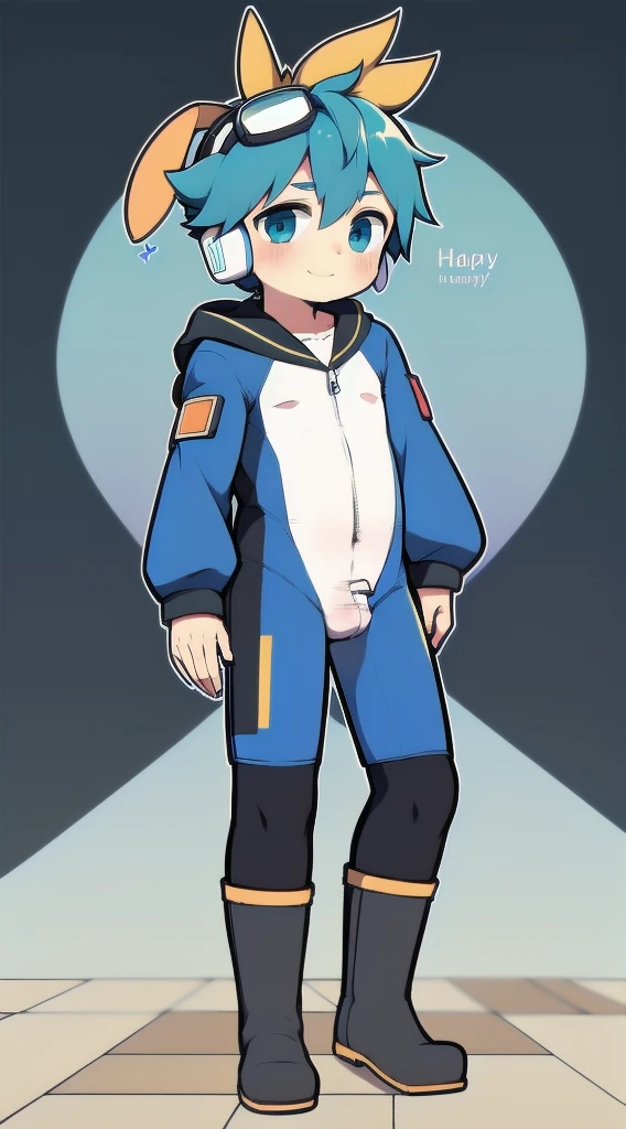 2D Boy Shota,One-piece mountaineering suit,Slim, healthy body,Put the headphones on your head,stand up,goggles,Rabbit ears,happy,Sailor collar,tie,Zipper pulled down,boots