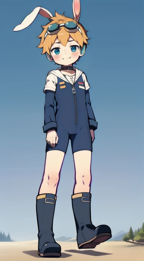 2D Boy Shota，One-piece mountaineering suit，Slim, healthy body，Put the headphones on your head，stand up，goggles，Rabbit ears，happy，Sailor collar，tie，Zipper pulled down，boots