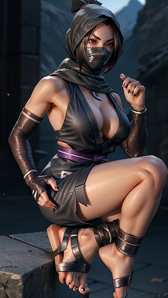 Female ninja with bare feet and black toe nails exposed with boob cleavage showing