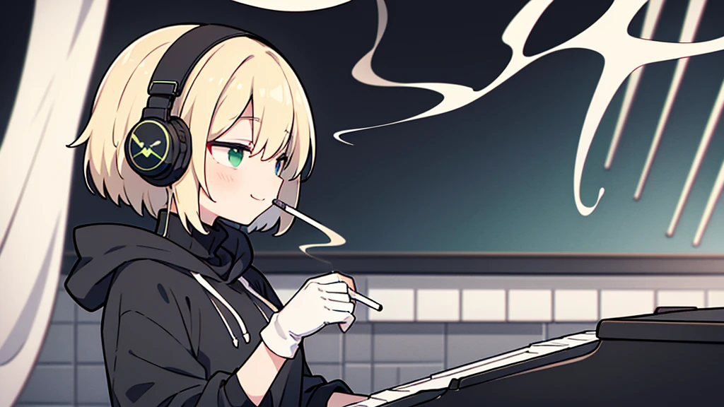 ((highest quality)), ((masterpiece)), (be familiar with), (Playing piano in the studio)short hair、perfect face,white half-up hair,green mesh blonde、Smoke a cigarette、cool black hoodie,headphones,black gloves,turtleneck,alone,İcon、profile、Right beside、Expressionless、smile、Light-colored clothing