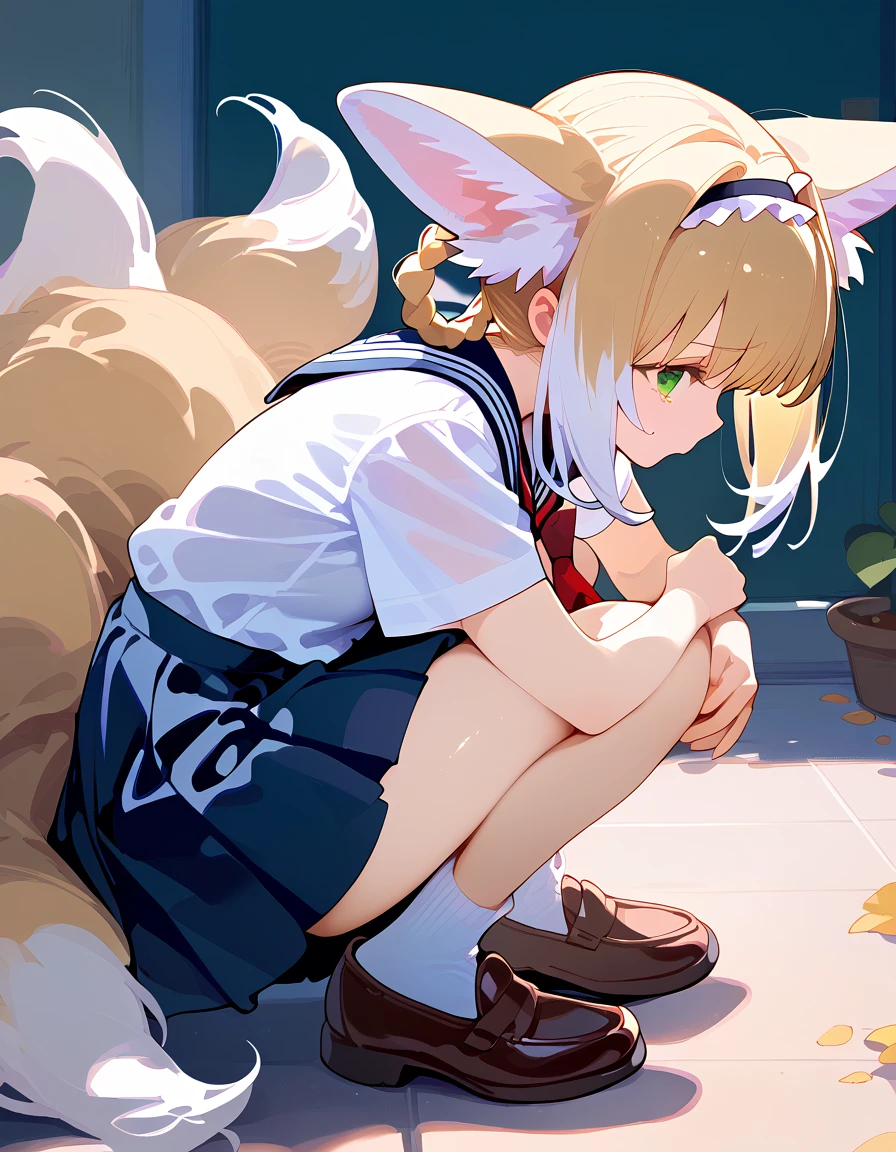 score_9,score_8_up,score_7_up,
1girl,solo,suzuran,closed mouth,green eyes,tearing_up,hair rings,animal ear fluff,blonde hair,multiple tails,fox tail,outdoors,in a meadow,(school uniform:1.2),on floor,(hands on own knee:1.1),squatting,from side,looking at viewer,