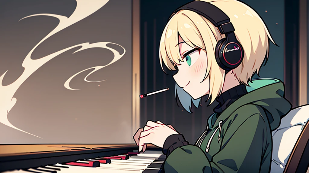 ((highest quality)), ((masterpiece)), (be familiar with), (Playing piano in the studio)short hair、perfect face,white half-up hair,green mesh blonde、Smoke a cigarette、cool black hoodie,headphones,black gloves,turtleneck,alone,İcon、profile、Right beside、Expressionless、smile、Light-colored clothing