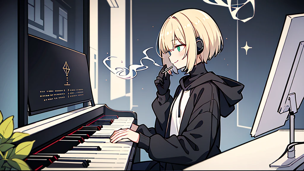 ((highest quality)), ((masterpiece)), (be familiar with), (Playing piano in the studio)short hair、perfect face,white half-up hair,green mesh blonde、Smoke a cigarette、cool black hoodie,headphones,black gloves,turtleneck,alone,İcon、profile、Right beside、Expressionless、smile、Light-colored clothing