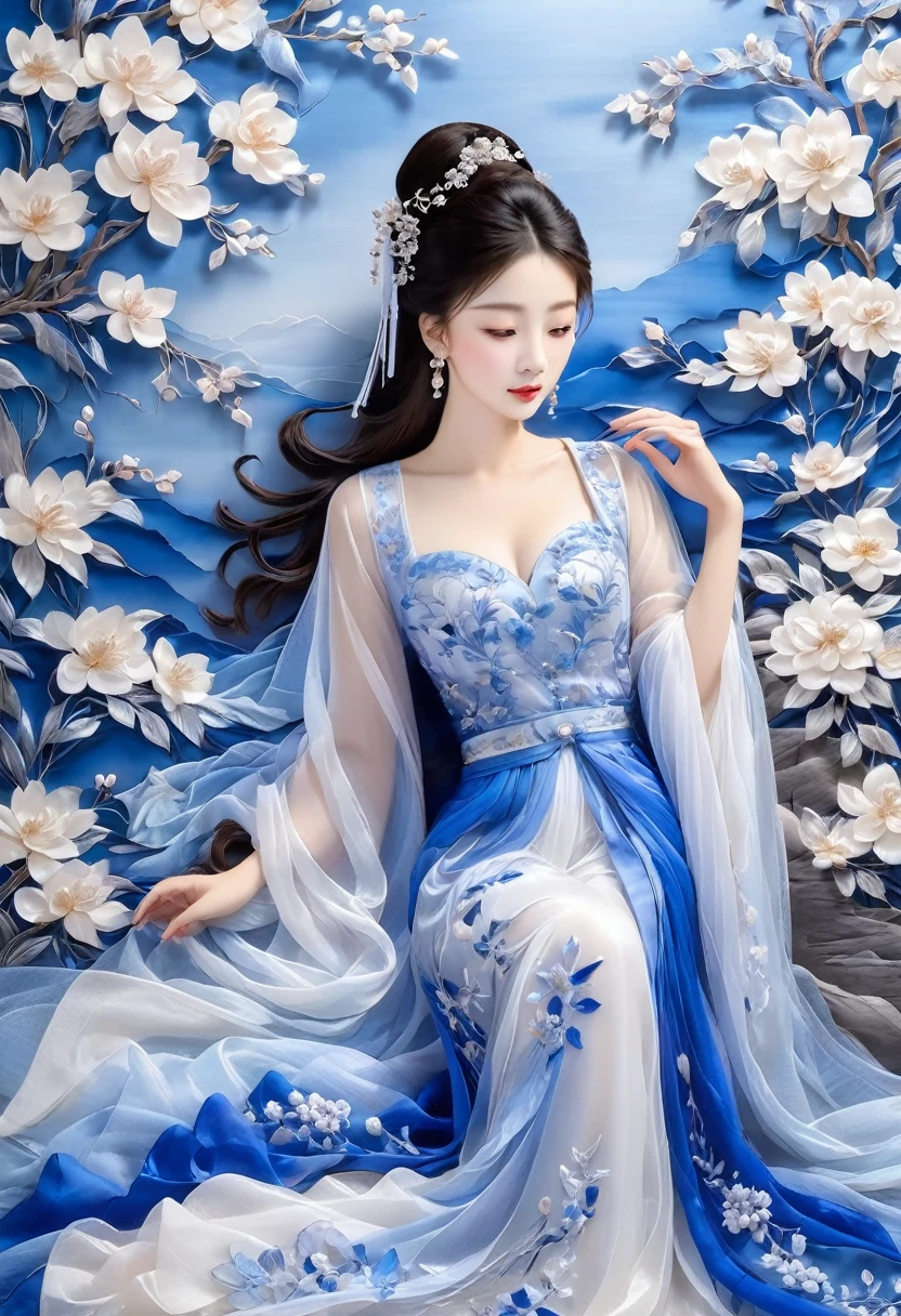 embroidery，Three-dimensional embroidery，(A picture of blue ornate Suzhou embroidery hangs on the wall）,blue-white petals, Silk material embroidery, Inspired by Yao Jianping’s dream of Su embroidery works，translucent，abundant cleavage,painting on silk, alcohol ink art