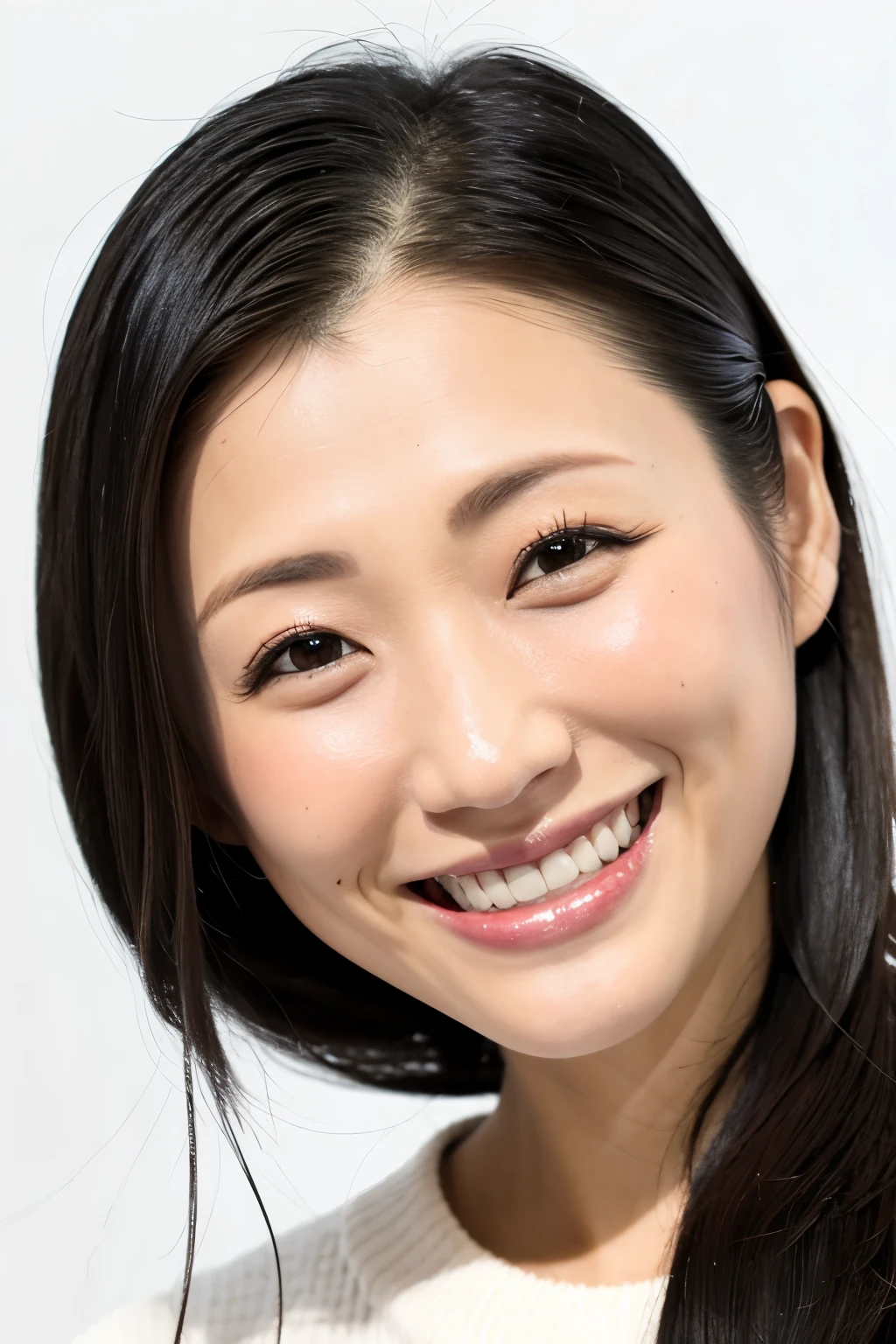 (Highest quality、Tabletop、8K、Best image quality、Award-winning works)、(The simplest pure white background:1.4)、(The biggest smile showing off beautiful teeth:1.1)、(Light brown knitted sweater:1.2)、Face close-up