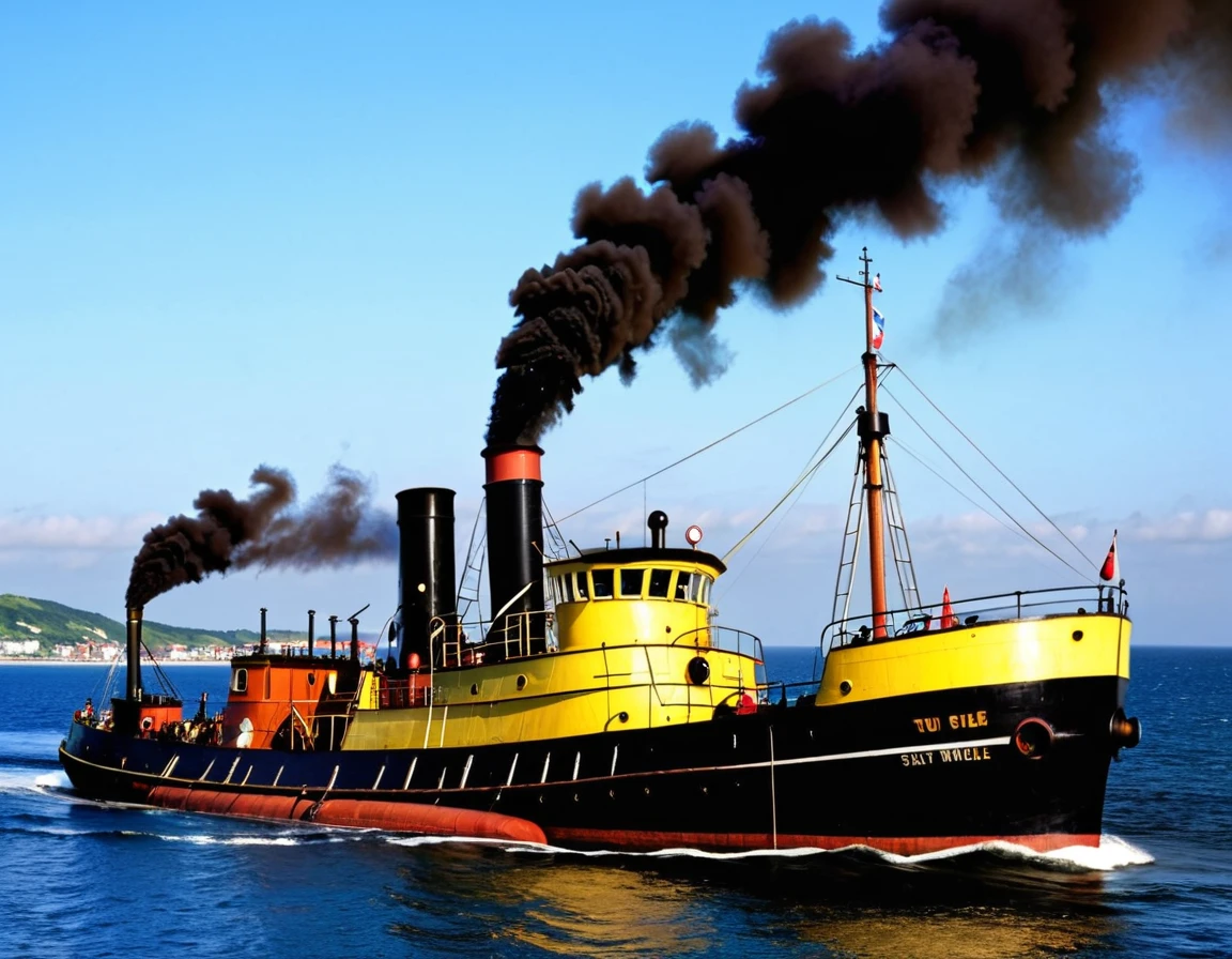 Old steam tug. working hard. Open sea. clear blue sky. one big central smoking funnel behind wheel house ((brown smoke))(yellow smoke).