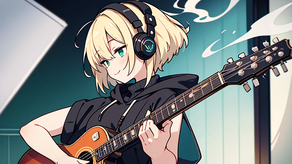 ((highest quality)), ((masterpiece)), (be familiar with), (Playing guitar in the studio)short hair、perfect face,white half-up hair,green mesh blonde、Smoke a cigarette、cool black hoodie,headphones,black gloves,turtleneck,alone,İcon、profile、Right beside、Expressionless、smile、Light-colored clothing
