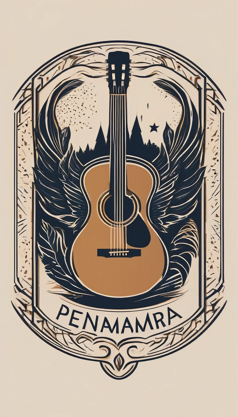 A minimal, modern, simple, cinematic logotype for the brand “Penamemoria". The logotype must be a simple, magical feather and a boy playing acoustic guitar. The logo must convey a sense of music, stories and dreams. Logo design impressed on a book cover. Minimalistic logo