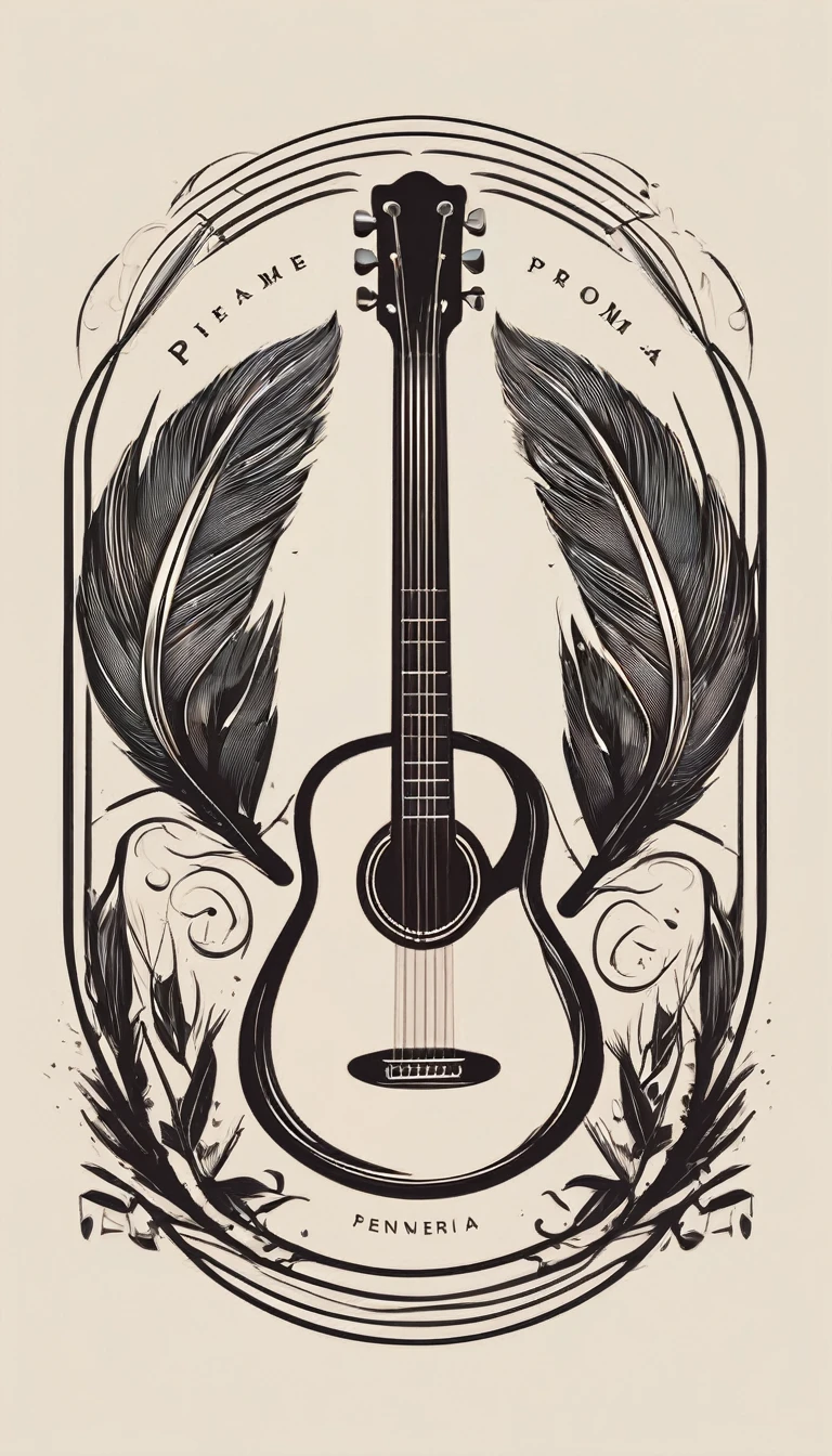 A minimal, modern, simple, cinematic logotype for the brand “Penamemoria". The logotype must be a simple, magical feather and a boy playing acoustic guitar. The logo must convey a sense of music, stories and dreams. Logo design impressed on a book cover. Minimalistic logo