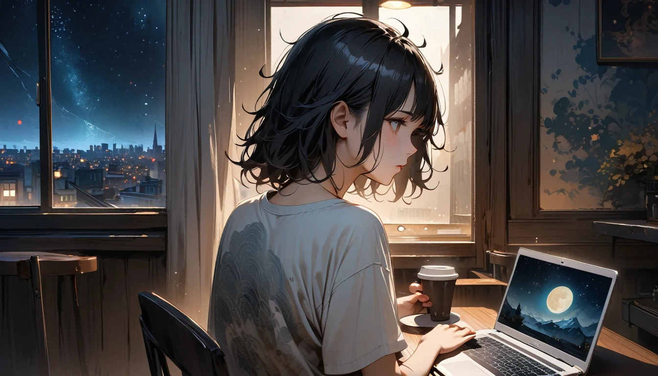 (((from behind))), ((8k of extremely detailed CG unit, Masterpiece, high resolution, highest quality, highest quality real texture skin)), (((indirect lighting))),  (((Cafe with a calm atmosphere))), (((Big window with night sky))), ((Drinking coffee)),  ((1 girl)), ((laptop)), (Japanese pattern T-shirt, denim), (Black hair, messy hair, beige skin), (surreal, digital painting)